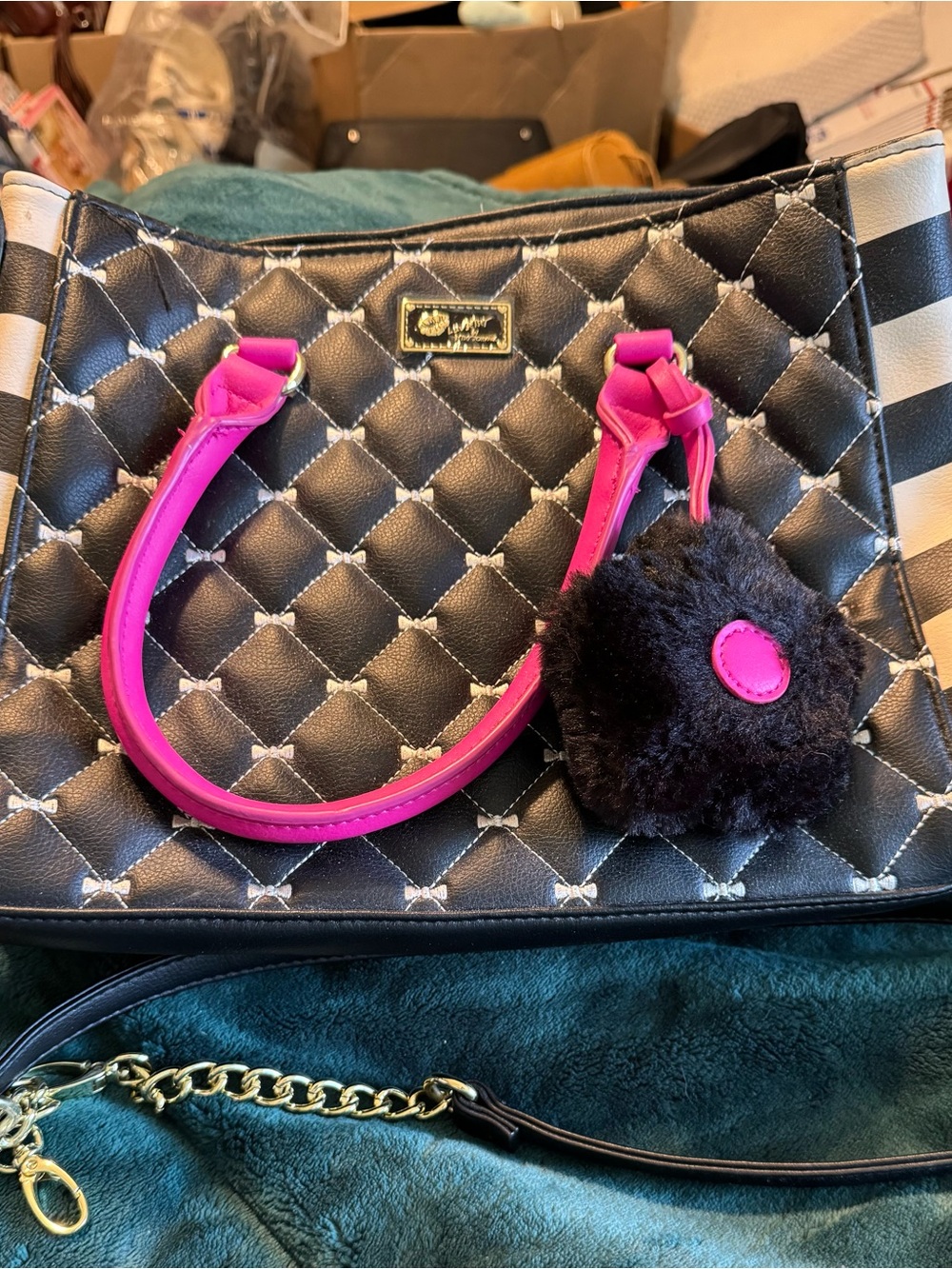 Betsey Johnson Black Quilted Shoulder Bag with Hot Pink Accents